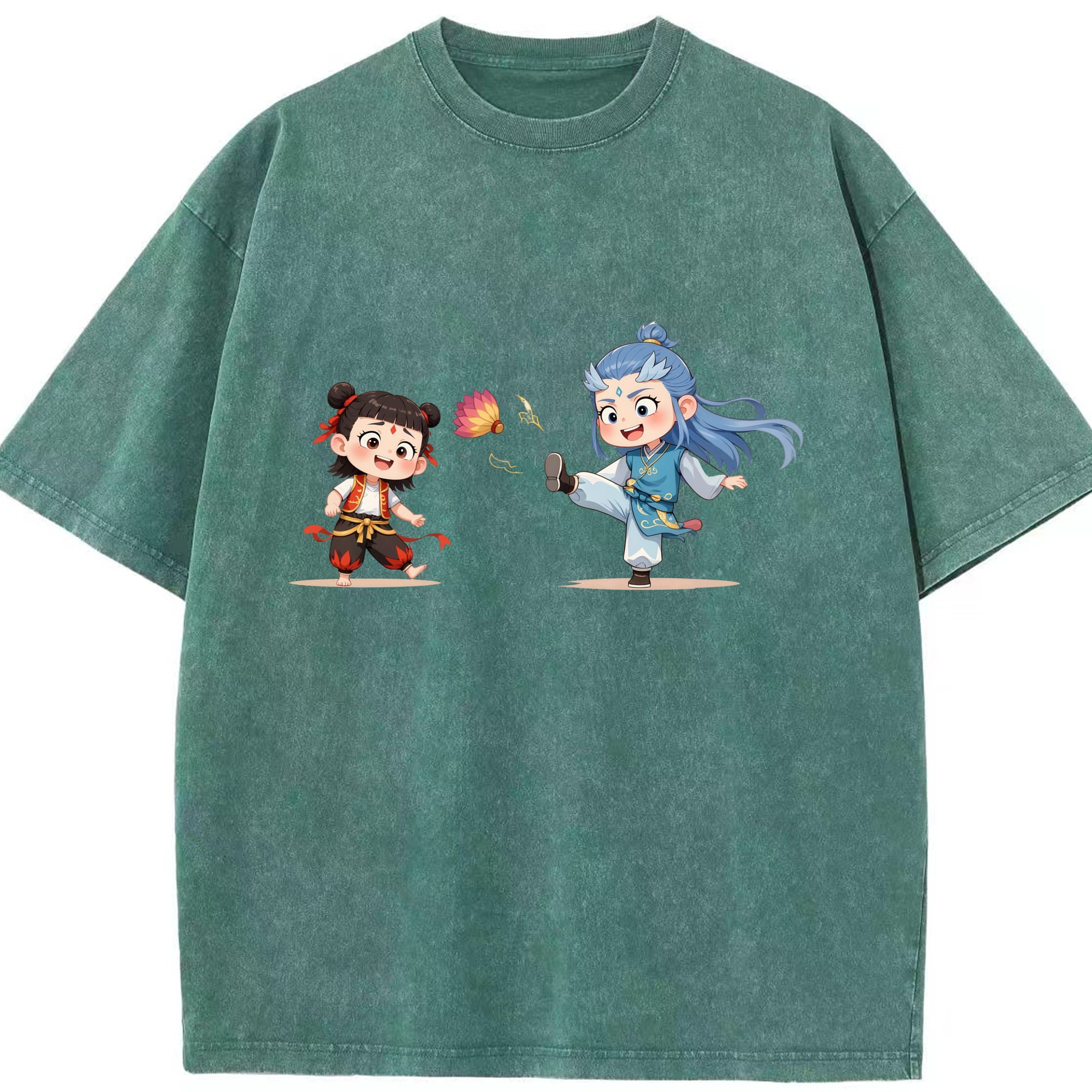 （画像用） Ne Zha 2 ナタ 魔童の大暴れ 綿100% ヴィンテージ風 半袖Tシャツ（フロントプリント）